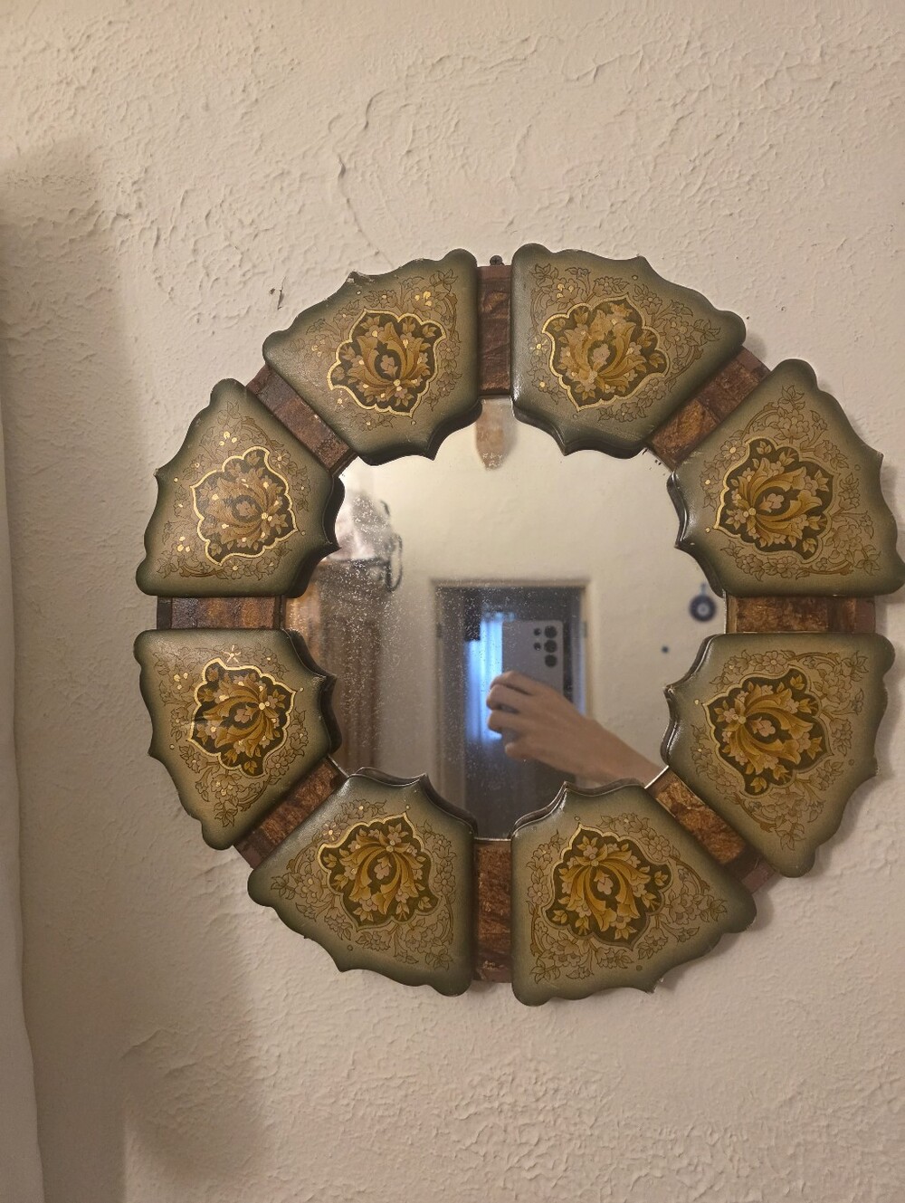 Vintage 1970s Hand Painted Leather Wall Mirror, Round Floral Folk Art Wood Frame